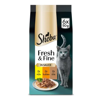 Sheba Fresh & Fine in Sauce, 6 x 50 g. 2x mit Huhn, 2x mit Truthahn, 2x mit Ente. Image d’un plat de nourriture en sauce et d’un chat gris.