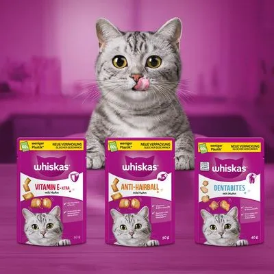 Drie zakjes Whiskas kattensnacks: Vitamin E-Xtra mit Huhn 50g, Anti-Hairball mit Huhn 50g, Dentabites mit Huhn 40g. Op elk zakje staat een kat en de tekst 'minder plastic* nieuwe verpakking'.