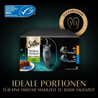Sheba Perfect Portions Köstliche Sauce Feine Vielfalt. 4x Truthahn, 4x Thunfisch. Zertifiziert nachhaltige Meeresfrüchte MSC. Ideale Portionen für frische Mahlzeiten zu jeder Tageszeit.