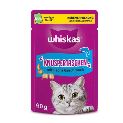 Whiskas Knuspertaschen mit Lachs Geschmack, 60g. Neue Verpackung mit 60% weniger Plastik, gleicher Geschmack.
