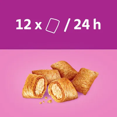 Produktabbildung: Knusprige Snacks mit Füllung. Text: 12 Stück alle 24 Stunden.