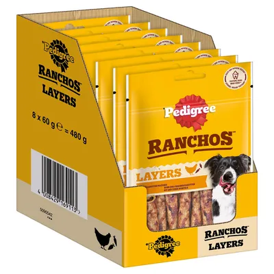 Pedigree Ranchos Layers, 8 x 60 g = 480 g. Embalaža s sliko psa in simbolom piščanca.