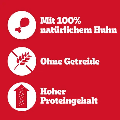 Texte en allemand : Mit 100% natürlichem Huhn, Ohne Getreide, Hoher Proteingehalt