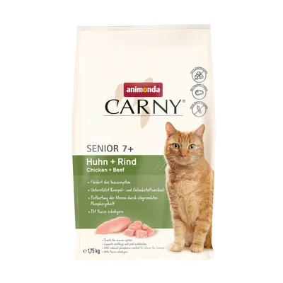 Animonda Carny Senior 7+ κοτόπουλο + βοδινό, ενισχύει το ανοσοποιητικό, υποστηρίζει τον μεταβολισμό των αρθρώσεων, ελαφρύ για τα νεφρά, με Yucca schidigera. 1,75 kg.