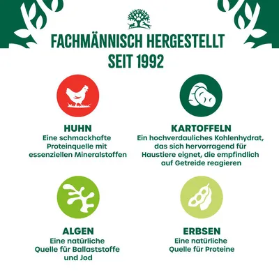 Fachmännisch hergestellt seit 1992. Zutaten: Huhn, schmackhafte Proteinquelle mit Mineralstoffen; Kartoffeln, leicht verdauliches Kohlenhydrat; Algen, Quelle für Ballaststoffe und Jod; Erbsen, natürliche Proteinquelle.
