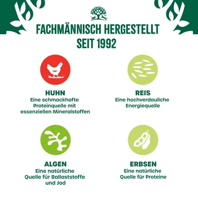 Fachmännisch hergestellt seit 1992. Zutaten: Huhn, eine Proteinquelle mit Mineralstoffen; Reis, hochverdauliche Energiequelle; Algen, Quelle für Ballaststoffe und Jod; Erbsen, Quelle für Proteine.