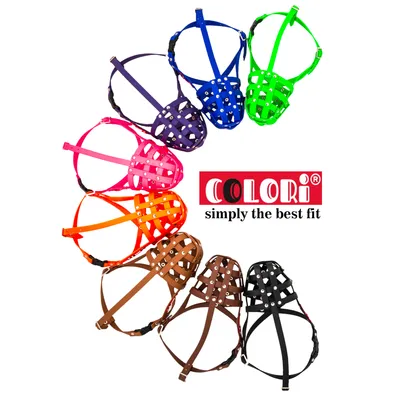 Colori bozales en varios colores. Marca Colori con el eslogan 'simply the best fit'.