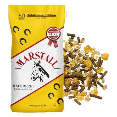 Zak Marstall Haferfrei Jubiläums-Edition paardenvoer 21 kg, zichtbaar voer met brokjes en vlokken. Tekst: '+1 kg gratis', 'Jubiläums-Edition seit 1974'.