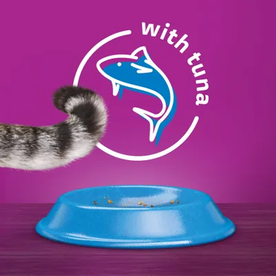 Testo in inglese: with tuna, con disegno di pesce blu. Coda di gatto e ciotola azzurra quasi vuota visibili.