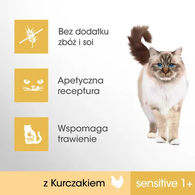 Bez dodatku zbóż i soi, apetyczna receptura, wspomaga trawienie, z kurczakiem, sensitive 1+; zdjęcie kota obok ikon i tekstu.