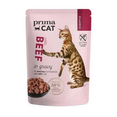 Prima Cat Classic z wołowiną w sosie, bez zbóż, bez dodatku cukru. 88% składników pochodzenia zwierzęcego w filecie.
