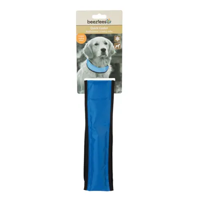 Beeztees Quick Cooler koelband met direct verkoelend effect, blauw, verpakking toont hond met halsband. Symbool voor koeling en geschikt voor honden zichtbaar.