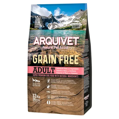 Arquivet Natural Pet Food, gabonamentes felnőtt, lazac és tonhal zöldségekkel, szuper prémium kutyaeledel természetes összetevőkkel, 12 kg csomag.