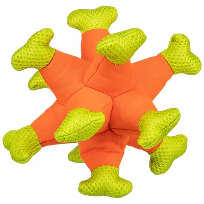 Jouet pour animal en tissu orange avec extrémités vertes texturées, forme étoilée à plusieurs branches. Aucun texte ou marque visible.
