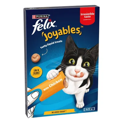 Felix Joyables tasty liquid treats with chicken, low in calories, no added sugar, irresistible taste, pack of 4 x 10g sachets.