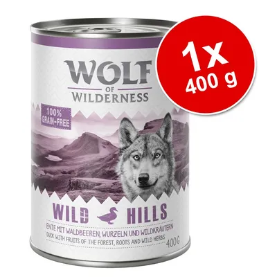 Wolf of Wilderness Wild Hills, 100% grain-free, 1×400 g. Ente mit Waldbeeren, Wurzeln und Wildkräutern. Duck with fruits of the forest, roots and wild herbs. 400 g puszka.