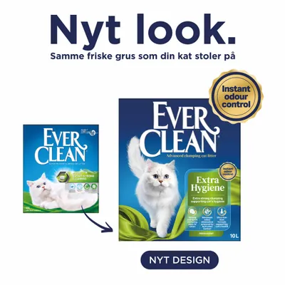 Ever Clean kattegrus med nyt design, samme opskrift. Øjeblikkelig lugtkontrol, ekstra hygiejne, 10 L. Bemærk nyt emballagedesign. Ever Clean kattegrus med nyt design, samme opskrift. Øjeblikkelig lugtkontrol, ekstra hygiejne, 10 L. Bemærk nyt emballagedesign.
