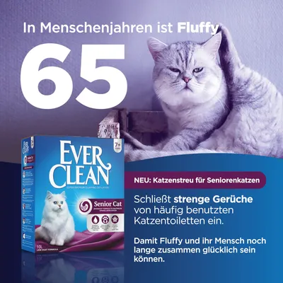 Ever Clean Senior Cat Katzenstreu für ältere Katzen ab 7 Jahren. Schliesst strenge Gerüche ein, damit Mensch und Katze lange glücklich zusammenleben können.