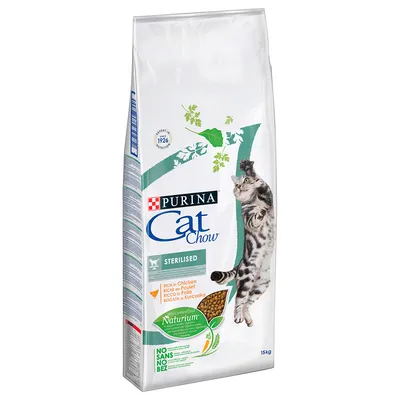 Purina Cat Chow Sterilised -kuivaruoka kissoille, 15 kg. Pakkauksessa teksti: Rich in Chicken, Naturium, NO SANS NO BEZ. Kuvassa hyppäävä kissa ja vihreitä lehtiä.