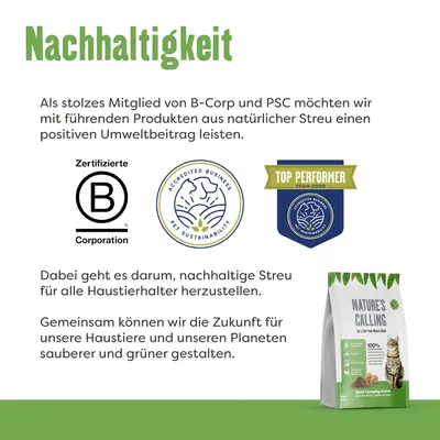 Nachhaltigkeit: Zertifizierte B Corporation, Accredited Business für Nachhaltigkeit, Top Performer 2024-2025. Nature's Calling Streu aus natürlichen Materialien für eine grüne Zukunft.