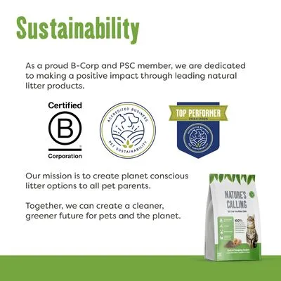 Certified B Corporation, Accredited Business Pet Sustainability, Top Performer 2024–2025. Nature's Calling kattenbakvulling. Missie: duurzame opties voor huisdieren en planeet.