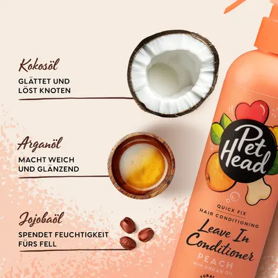 Pet Head Leave In Conditioner Peach mit Arganöl. Kokosöl glättet und löst Knoten, Arganöl macht weich und glänzend, Jojobaöl spendet Feuchtigkeit fürs Fell.