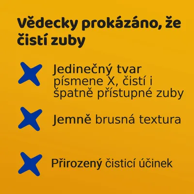 Vedecky preukázané, že čistí zuby. Jedinečný tvar písmena X, čistí aj ťažko dostupné zuby. Jemne brúsna textúra. Prirodzený čistiaci účinok. Text v češtine.