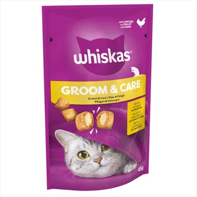 Whiskas Groom & Care treats with chicken, zinc and omega 6 for skin and coat, 45g pack. Image shows treat pieces and a cat under a blanket.