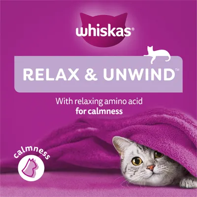 Relax & Unwind. With relaxing amino acid for calmness. Calmness icon shown. Whiskas brand name visible.