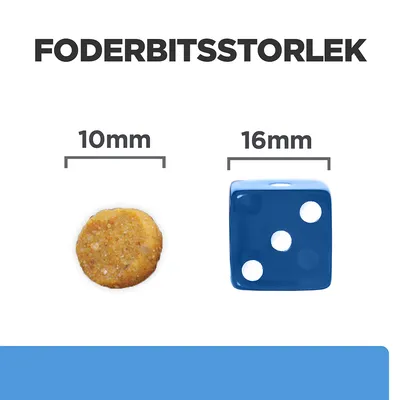 Foderbitsstorlek: foderbit 10 mm bred jämförs med blå tärning 16 mm bred. Texten 'FODERBITSSTORLEK', '10 mm' och '16 mm' syns ovanför respektive objekt.