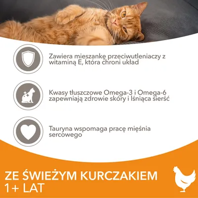Zawiera mieszankę przeciwutleniaczy z witaminą E, kwasy Omega-3 i Omega-6 dla skóry i sierści, tauryna wspomaga serce. Ze świeżym kurczakiem 1+ lat.