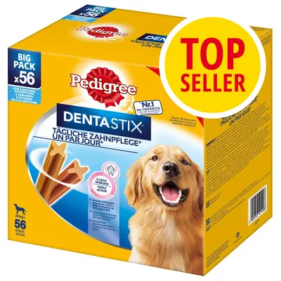 Pedigree DentaStix Big Pack x56, daglig tandvård för hundar över 25 kg. Text: TOP SELLER, TÄGLICHE ZAHNPFLEGE, 3-FACH WIRKUNG TRIPLE ACTION. Bild på hund och tuggpinnar.
