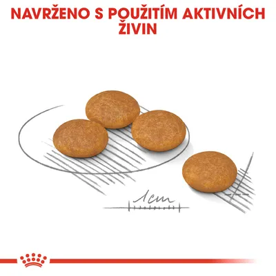 Čtyři kulaté granule, pod nimi měřítko s označením 1 cm. Nahoře červený text: NAVRŽENO S POUŽITÍM AKTIVNÍCH ŽIVIN.