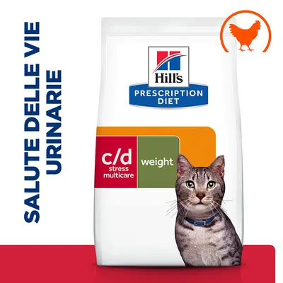 Hill's Prescription Diet c/d stress multicare weight per gatti, scritta: SALUTE DELLE VIE URINARIE, immagine di un gatto e simbolo arancione di pollo in alto a destra.
