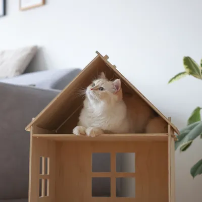 Wooden house for pets with window design, cat sitting inside the house.