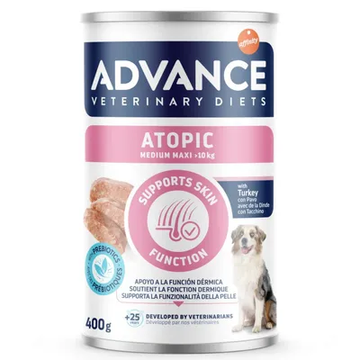 Advance Veterinary Diets Atopic Medium Maxi >10 kg, 400 g, avec dinde. Texte visible : Supports skin function, soutient la fonction dermique, développé par des vétérinaires.