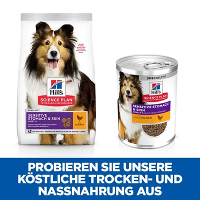 Hill's Science Plan Sensitive Stomach & Skin Adult 1+ mit Huhn. Trocken- und Nassnahrung für empfindliche Verdauung und Haut, ohne künstliche Zusätze.