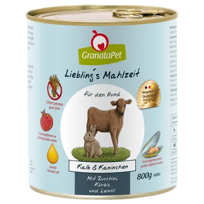 GranataPet Lieblings Mahlzeit dla psa, cielęcina i królik z cukinią, dynią i olejem lnianym. Bez zbóż, pestek granatu, małży zielonowargowych. Wyprodukowano w Niemczech. 800g netto.