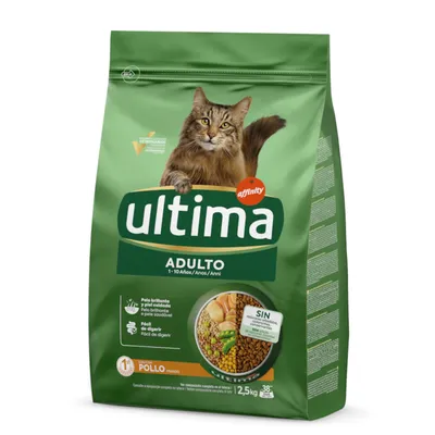 Ultima Adulto cat food for 1-10 years, with chicken. Benefits: shiny coat, easily digestible. No artificial colours or preservatives. Pack size: 2.5kg.