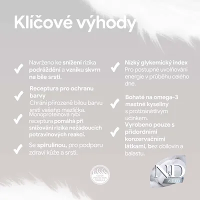 Kľúčové vlastnosti: ochrana farby srsti, nízky glykemický index, bohaté na omega-3, prírodné konzervačné látky, so spirulinou, znižuje riziko podráždenia pokožky. Kľúčové vlastnosti: ochrana farby srsti, nízky glykemický index, bohaté na omega-3, prírodné konzervačné látky, so spirulinou, znižuje riziko podráždenia pokožky.