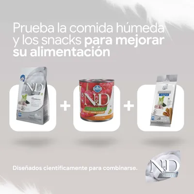 N&D White Coat pienso, N&D Quinoa comida húmeda y N&D White Coat Snack. Desarrollados científicamente para combinarse. N&D White Coat pienso, N&D Quinoa comida húmeda y N&D White Coat Snack. Desarrollados científicamente para combinarse.
