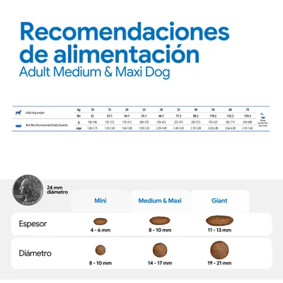 Cantidades recomendadas para perros adultos de tamaño mediano y grande: tabla con pesos, cantidades diarias en gramos y tazas. Tamaños de croquetas Mini, Medium & Maxi, Giant con medidas en mm.