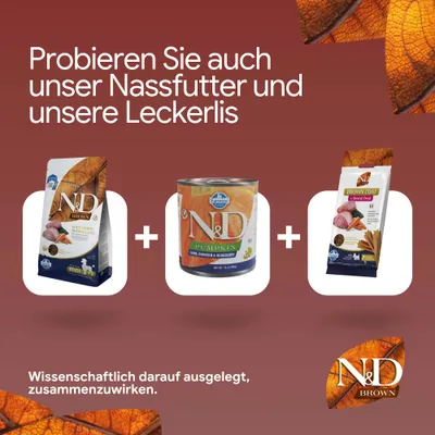 Probieren Sie auch unser Nassfutter und unsere Leckerlis. Wissenschaftlich darauf ausgelegt, zusammenzuwirken. Abgebildet: N&D Brown Coat Trockenfutter, N&D Pumpkin Nassfutter, N&D Brown Coat Dental Treat.