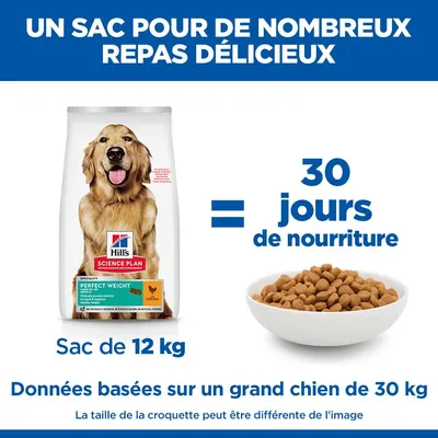 Hill's Science Plan Perfect Weight Aliment sec, sac de 12 kg, équivaut à 30 jours d'aliment pour un grand chien de 30 kg. La forme des croquettes peut varier. Hill's Science Plan Perfect Weight Aliment sec, sac de 12 kg, équivaut à 30 jours d'aliment pour un grand chien de 30 kg. La forme des croquettes peut varier.