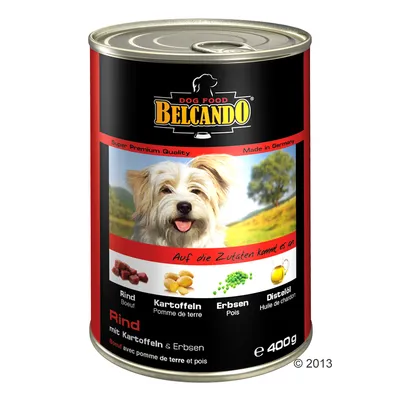 Boîte Belcando Dog Food, bœuf avec pomme de terre et pois, 400 g. Ingrédients visibles : bœuf, pomme de terre, pois, huile de chardon. Texte en allemand et français sur l’étiquette.