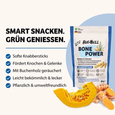 BUGBELL BONE POWER Knabbersticks. Soften Knabbersticks, fördert Knochen & Gelenke, mit Buchenholz geräuchert, leicht bekömmlich & lecker, pflanzlich & umweltfreundlich.