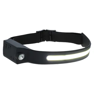 Zwart LED-hoofdband met verstelbare band, zijlamp en verlichte voorstrook. Zichtbaar: aan/uit-schakelaar en oplaadpoort.