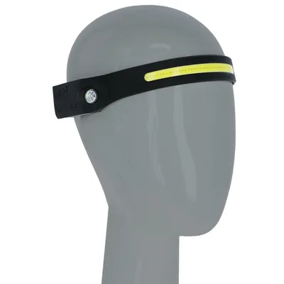 Zwart LED-hoofdband met gele lichtstrip en zijlamp, getoond op een grijs modelhoofd.
