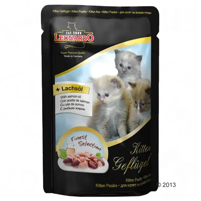 LEONARDO Cat Food Kitten Geflügel, s natpisom '+ Lachsöl' i slikom tri mačića na pakiranju. Prikazana mješavina komadića mesa, tekst 'Finest Selection'.