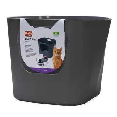 Karlie Cat Toilet Lotus, graue Katzentoilette aus recyceltem Material mit praktischem Griff und modernem Design. Produktbild zeigt Katze und Detailansicht des Griffs.
